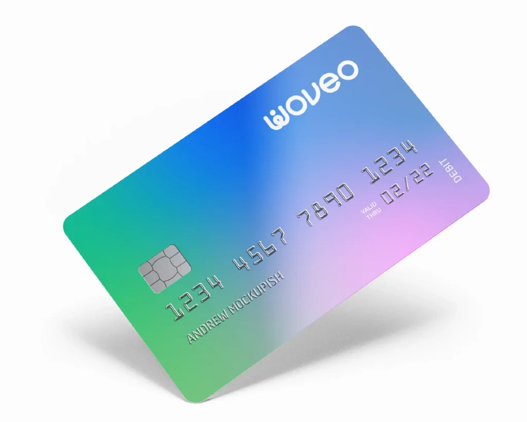 Mockup of Woveo branded debit card that 5&Vine created for the fintech Challenger's rebrand.