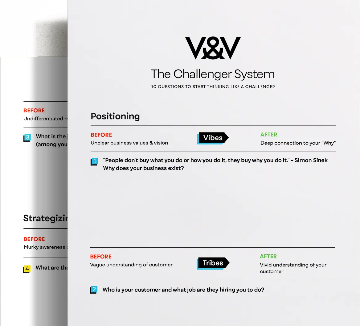 PDF preview of 5&Vine's "10 Questions to Start Thinking Like a Challenger" worksheet for founders and marketing teams to tap into a Challenger Mindset using the agency's proprietary "Challenger System".