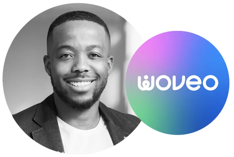 Portrait of Jonah Chininga, Co-founder of Fintech Challenger Brand Woveo beside his new brand that 5&Vine created.