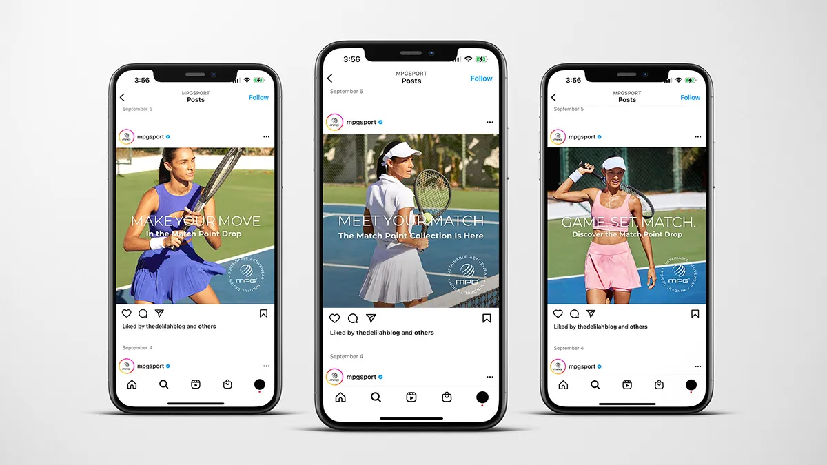 3 iPhones featuring Instagram ads for Mondetta's tennis collection created by 5&Vine. They feature a model on a tennis court wearing their new tennis dresses and matching sports bras + skirts.