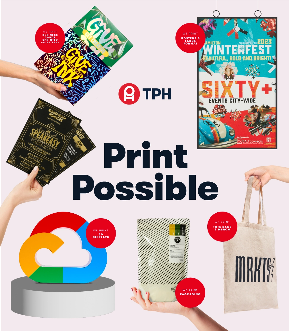 Various TPH Print Products surrounding "Print Possible"