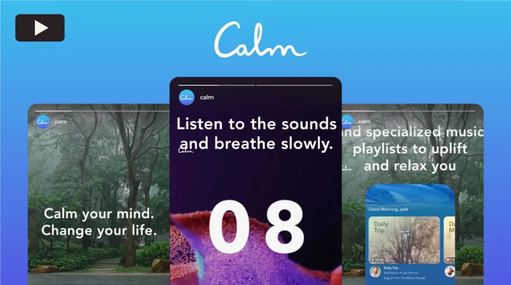 Calm video ad that says "Listen to the sounds and breath slowly" with a countdown on screen.
