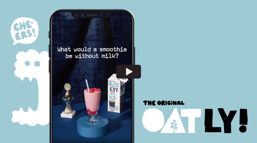 Oatly video ad of a milkshake on a spinning table.