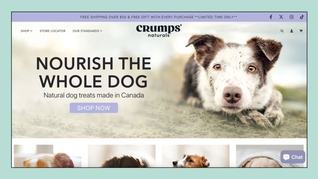 Screenshot of Crumps' Naturals home page that says "Nourish the Whole Dog"
